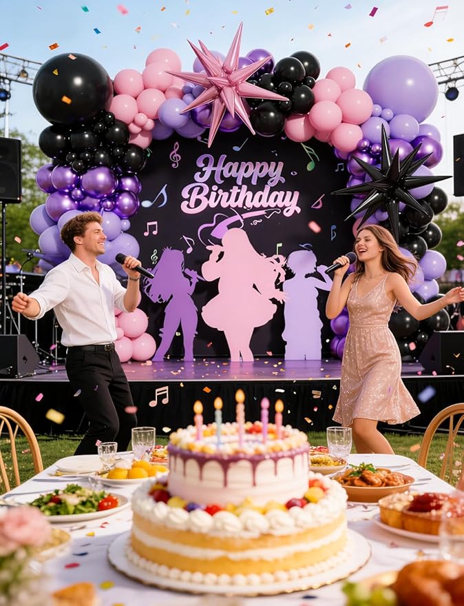 Pink and Purple Balloon Arch Garland Kit, 109PCS Pink Purple Black Balloons with Starburst Foil Balloons, Trendy Music Birthday Decorations for Girls and Teens, Concert and Movie Fans Party Supplies