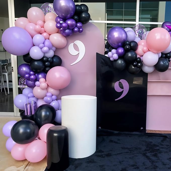 Purple Pink Black Balloons, 12 Inch Pink Black Macaron Dark Metallic Purple Confetti Balloons for Girls Women Wedding Bridal Shower Baby Shower Birthday Party Decorations