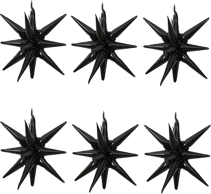 6 Pcs Black Star Foil Balloons One-Piece 14-Pointed Star Balloon 4D Cone Mylar 22inch Christmas Birthday Wedding Fireworks Shape Party Supplies (Black)