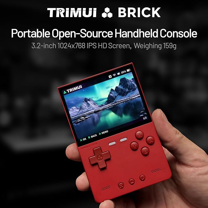 Trimui Brick Handheld Game Console 3.2-Inches Display Game Console,1024x768 IPS Screen Supports Multiple Simulators,Linux System Built-in 64G TF Card Red