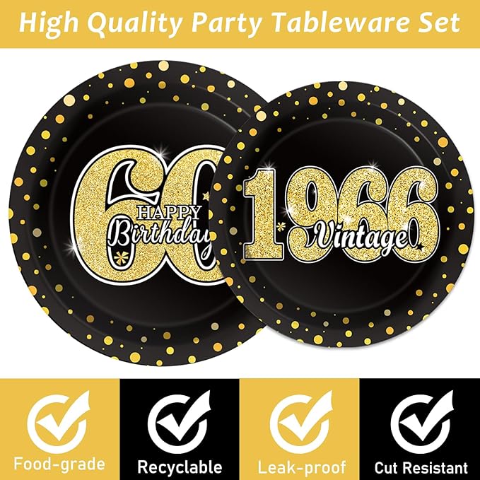 96PCS 60th Theme Birthday Party Tableware Vintage 1966 Party Supplies 60 Year Old Birthday Party Decorations Plates Napkins Forks Black and Gold Dinnerware Favors for Men or Women