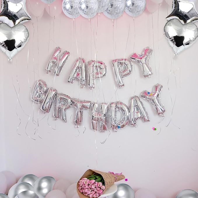 27 Pcs Silver Birthday Decorations, 3D Foil Silver Happy Birthday Balloon Banner, Pentagram Heart Foil Balloons Confetti Balloons Kit For Boys Girls Birthday Party Supplies