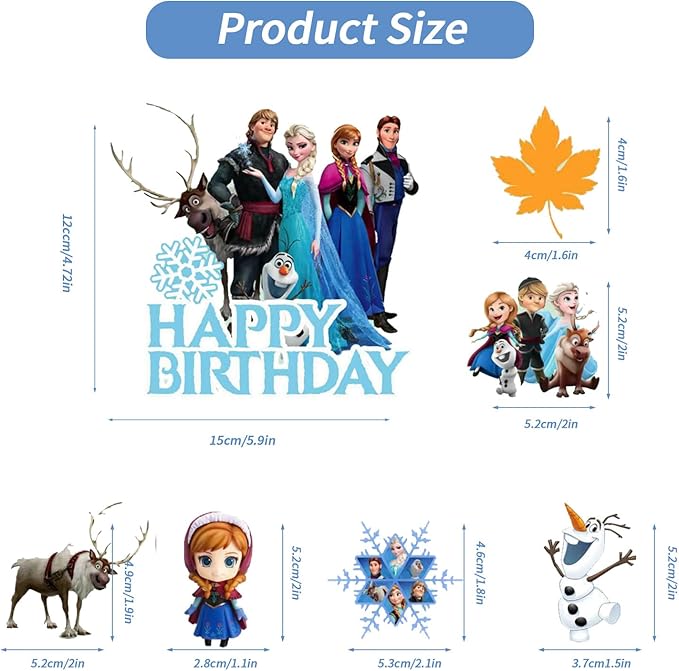 7Pcs Cute Blue Princess Birthday Cake Decorations，1 Large, 6 Small Snow Theme happy Birthday Cake Toppers，For Ice Birthday Party Supplies (B)