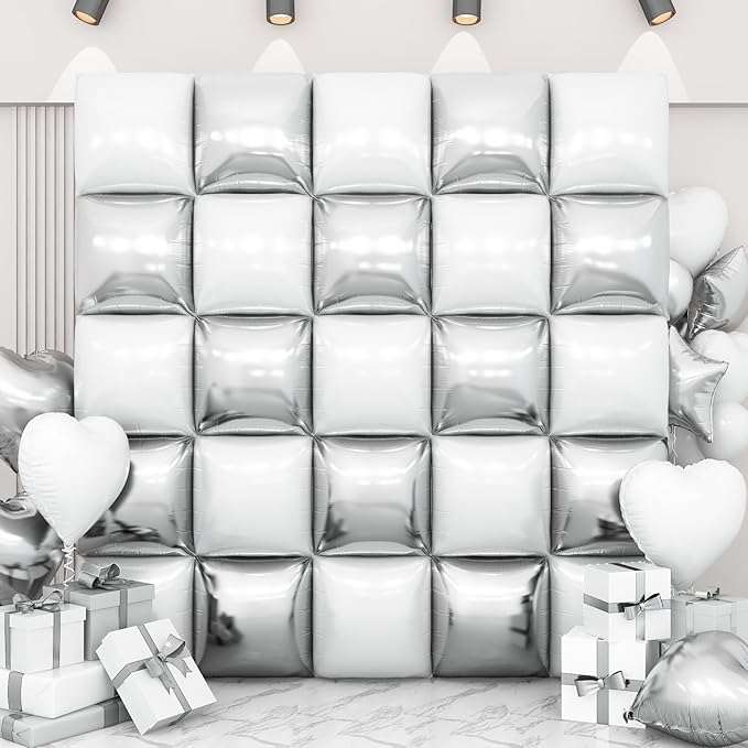 Silver White Square Foil Balloon Wall,25Pcs Double Sided Foil Balloons Backdrop Helium Tunnel Arch Garland Kit for Birthday Bridal Anniversary Baby Shower Winter Party Decorations