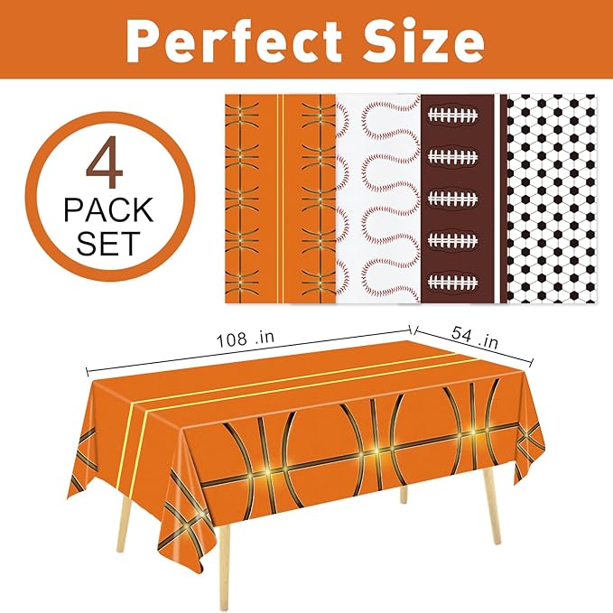 Oigco 4 Pack Sports Tablecloth, 54 x 108 Inch Soccer Baseball Basketball Football Table Covers for Boys Birthday Sports Themed Party Decorations