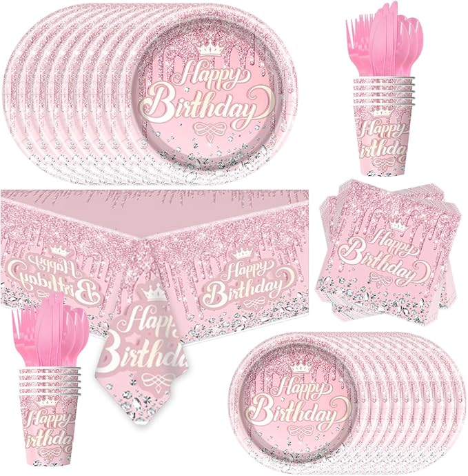 81Pcs Pink Diamond Party Tableware Set Sparkling Diamonds Party Decoration for Girls and Women Birthday Party Supplies (Pink)