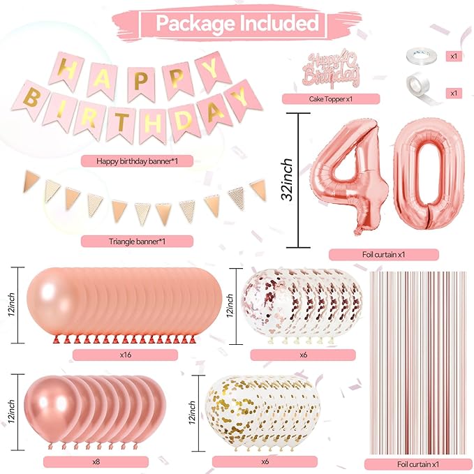 40th Rose Gold Birthday Decorations For Women, Number 40 Balloons Metallic Pearl Gold Rose Confetti Balloons Happy Birthday Banner Fringe Curtain Cake Topper For 40th Party Supplies