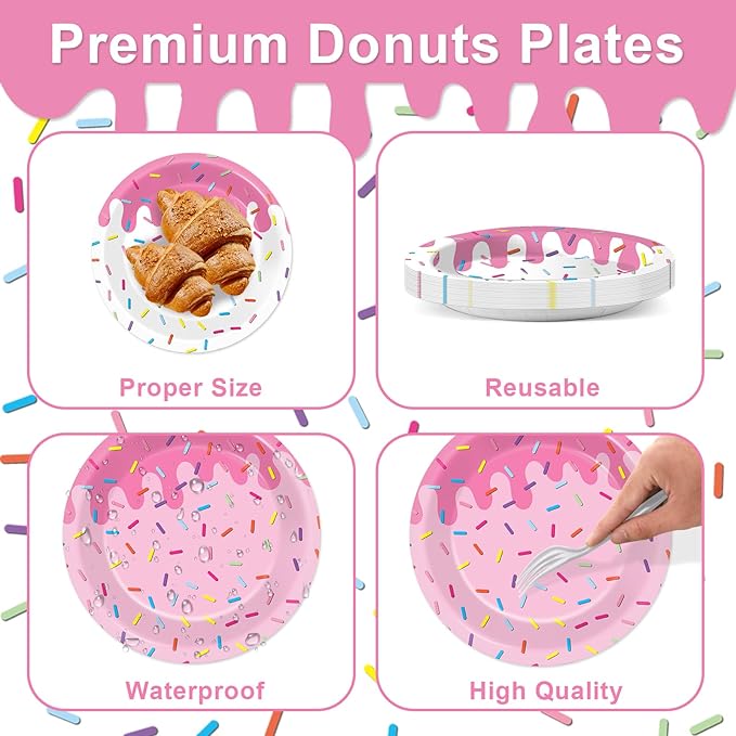 96Pcs Pink Donut Confetti Party Plates and Napkins Themed Decorations Spring Pink Donut Dessert Plates Donuts Tableware Set for 24 Guests Grow Up Themed Baby Shower Party Favors Supplies