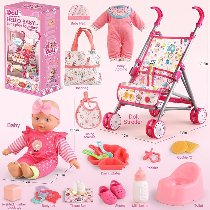 Baby Doll with Stroller Set with 12.5" Baby Dolls, Handbag, 2 Sets Doll Clothes and 16 PCS Doll Accessories. Baby Stroller Toys for Toddler Girls Kids Ages 3-5 4-6 for Pretend Play.