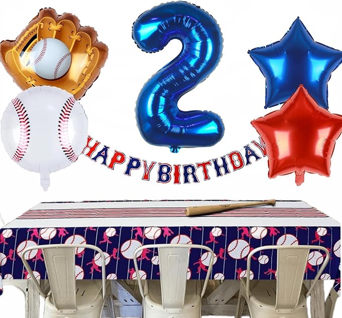 Baseball Balloons 2nd Birthday Decorations for Boys | Baseball Birthday Decoration Sports Theme Party Supplies, 32Inch Foil Mylar Number 2 Balloon Navy Blue Red White Sports Balloon Arch Kits