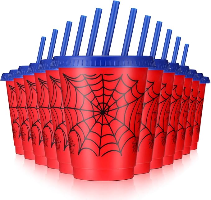 12 Pcs 16 oz Spider Cups Bulk, Spider Birthday Party Favors Cups with Lids and Straws, Plastic Cup for Birthday Party Decorations Celebration Birthdayy Partty Favor Supplies for Friends