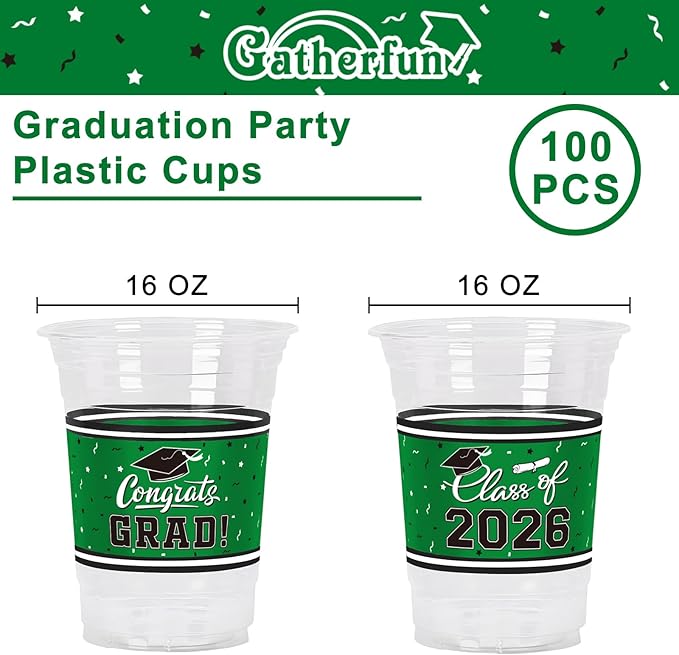 Gatherfun Class of 2026 Celebration - 100 Pcs 16oz Green Graduation Plastic Cups for Sturdy & Durable Drinkware for Grad Festivities | Essential Graduation Party Supplies & Decorations