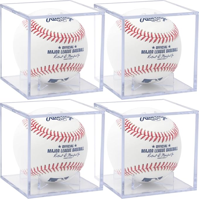 (4 Count) Display Zone Baseball Cube - Crystal Clear UV Protected Acrylic Display Case Box - Autographed Game Ball Holder (Fits Official Size MLB Ball) - Signed Baseball Memorabilia Storage