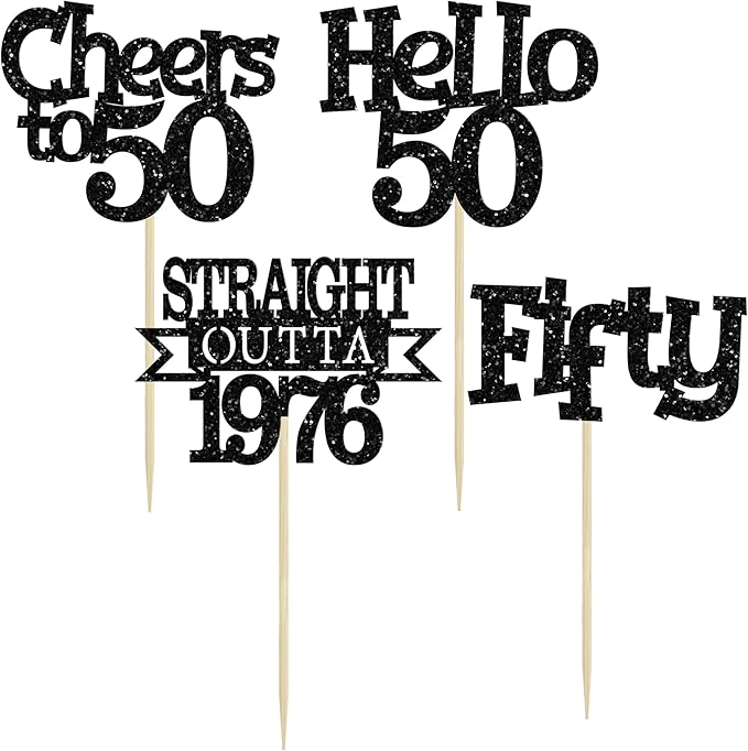 Ephlyn 24Pcs Happy 50th Birthday Cupcake Toppers Glitter Straight Outta 1976 Cupcake Picks Hello 50 Cheers to 50 Years Birthday Cake Decorations for 50th Birthday Anniversary Party Supplies Black