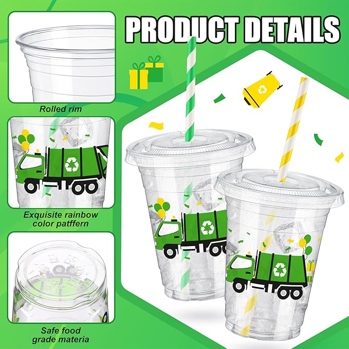 Domensi 50 Pcs Garbage Truck Birthday Party Plastic Cup 12 oz Garbage Car Thick Clear Cup Truck Mugs Trash Car Birthday Table Decorations Party Favor car Design