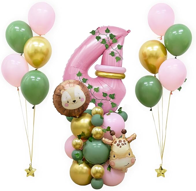 Jungle Safari Birthday Balloons, Pink Animal Balloons Birthday Party Supplies for Safari Birthday Wedding Shower Party Decorations (Number 4)
