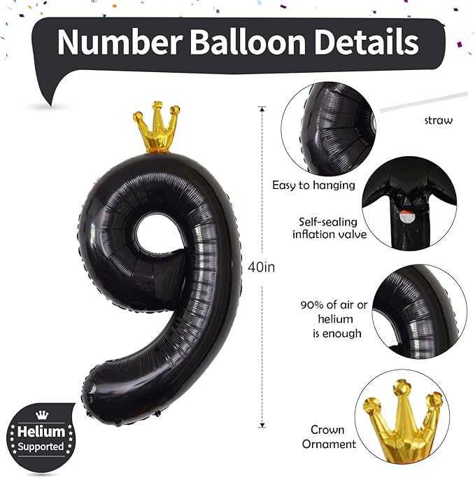 40 Inch Crown Black Number 9 Balloon, 1 Count, Perfect for Birthday Party Decorations, Unisex, All Ages