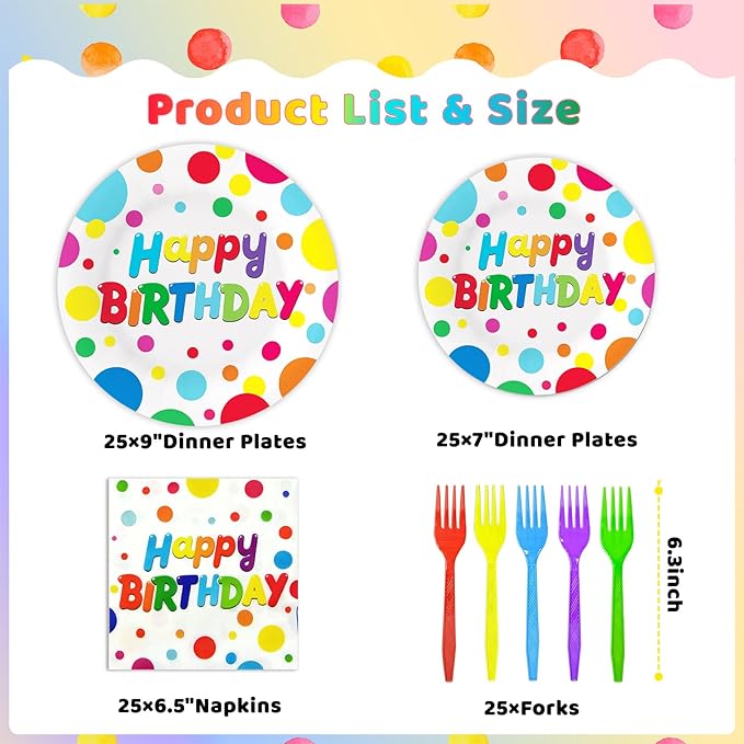 100 Pcs Birthday Colorful Dots Plates Napkins Forks, Disposable Happy Birthday Dots Tableware Set Party Supplies