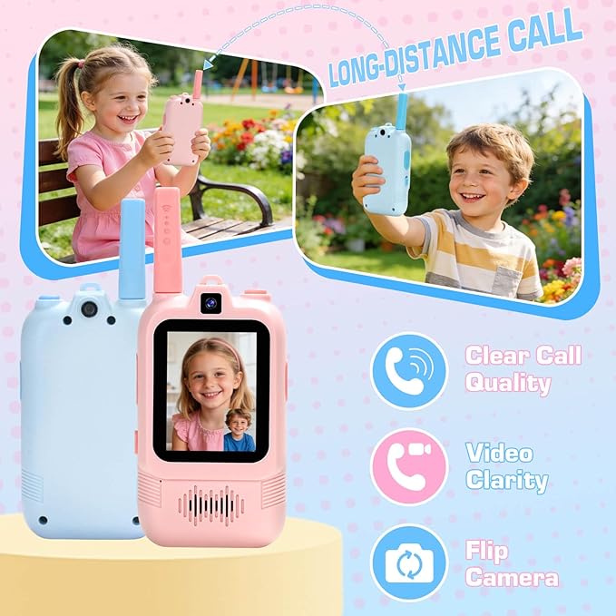Dual Camera Video Walkie Talkies for Kids: Long Range Rechargeable Video Walkie Talkies with Dual Cameras, Outdoor Outside Camping Games, Birthday Gifts for Boys and Girls Age 3-8