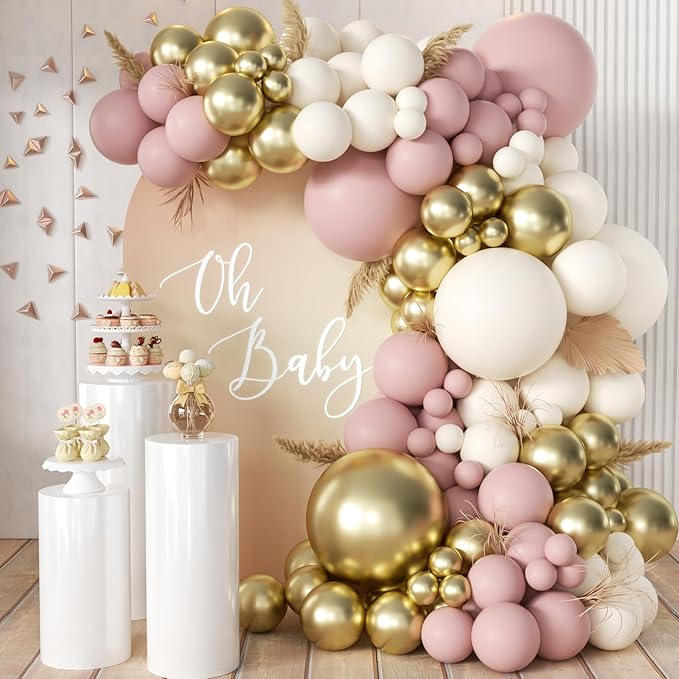 Pink White Gold Balloons Arch Kit, 155Pcs Dusty Pink Matte White Metallic Gold Balloon Garland for Birthday Bridal Baby Shower Wedding Confession Proposal Party Decorations