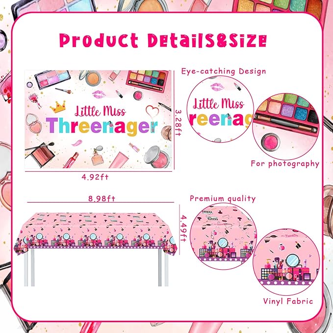 Little Miss Threenager 3rd Birthday Decorations Makeup Party Supplies for Girls 3rd Birthday Little Miss Threenager Banner Backdrop Tablecloth Makeup Cake Toppers for Spa Salon Bday