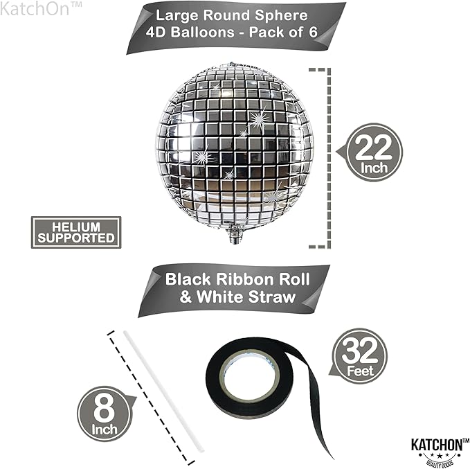 KatchOn, Silver Disco Ball Balloons - Huge 22 Inch, Pack of 6 | 4D Sphere Balloons for Disco Party Decorations | Silver Birthday Decorations | Retro Party Decoration, 70's Theme Party, Anniversary