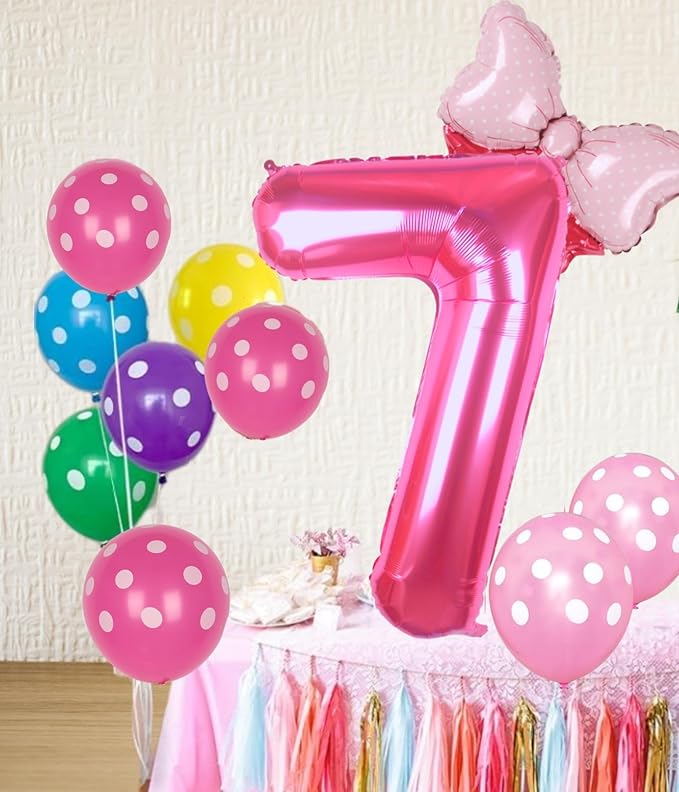 40 Inch Pink Number 7 Balloon with Mini Bow Balloon for Girls 7th Birthday Decorations, Pink Girl Mouse Princess Western Cowgirl Theme Birthday Party Balloons Decorations Supplies