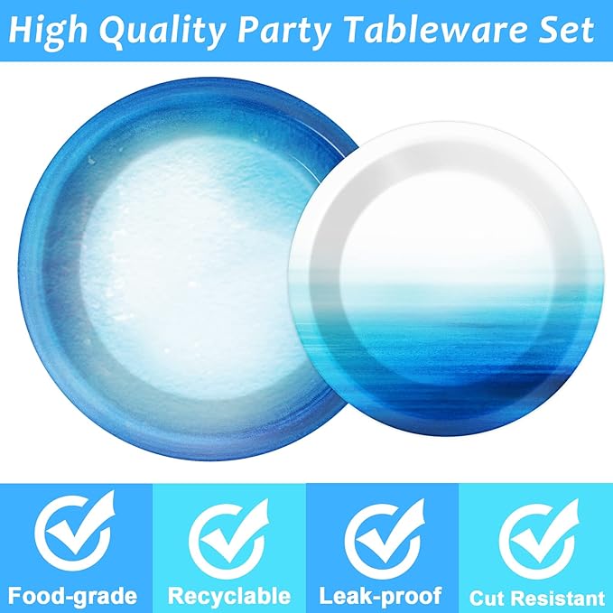 96 Pieces Ocean Sea Party Tableware Set Ocean Waves Party Supplies Sea Theme Table Decorations Under The Sea Tableware for Baby Shower Birthday Paper Plates Napkins Forks for 24 Guests