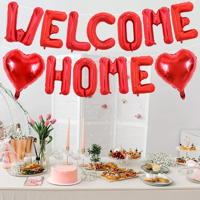 TONIFUL Welcome Home Balloons,16 Inch Red Welcome Home Foil Balloons Banner Welcome Home Party Decorations for Homecoming Party Decorations House Warming Party Family Gathering Supplies