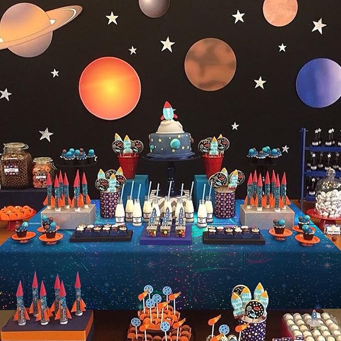 6Pcs Iridescent Space Tablecloths, Disposable Plastic Blue Galaxy Table Cloth Rectangle Table Covers for Space Starry Night Star Theme Party Birthday Party Decorations, 54x108 Inch
