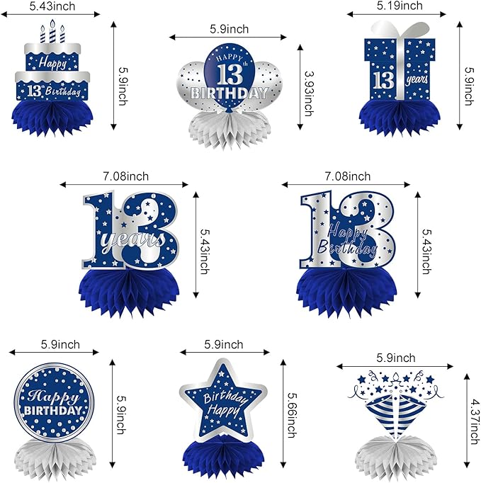 Kauayurk 8Pcs 13th Birthday Decorations Table Centerpiece Party Supplies for Boy, Blue Silver Happy 13 Year Old Birthday Honeycomb Centerpieces Decor, Thirteen Birthday Table Topper