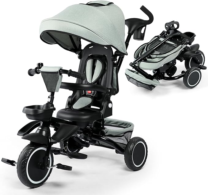 Kinder King Kids Tricycle, 8 in 1 Folding Toddler Trike w/Adjustable Push Handle, Rotatable Seat, Adjustable Canopy, Bell, Five-Point Harness, Storage, Toddler Bike for Age 1-3, Green