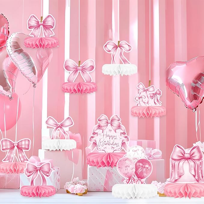 Pink Bow Birthday Decorations Set - Bow Party Decorations with Honeycomb Centerpieces & Table Centerpieces for Splendid Pink Bow Themed Party Supplies