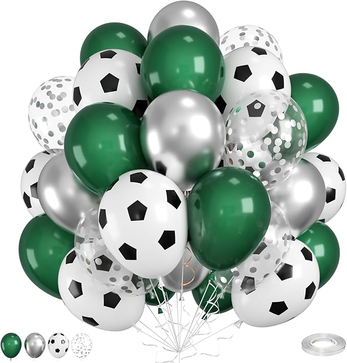 Green Silver Football Balloons - 12 Inch Printed Latex for Boys Baby Shower Soccer Sports Party Decorations
