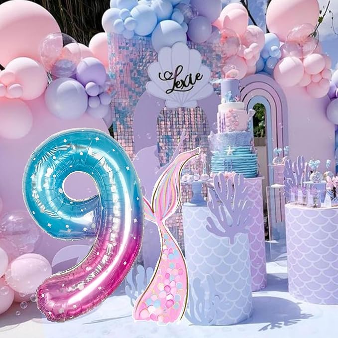Mermaid Starry Number 9 Balloons, 40 Inch Large Purple Blue Pink Foil Number Balloons Set 0-9 for Girls, Globos de Numero 9 Helium Balloon for 9th Age Birthday Anniversary Party Decorations Supplies