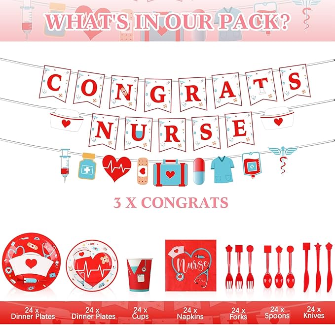 Zubebe 173 Pcs Nurse Graduation Party Supplies 2026 Serve 24 Guests Congrats Nurse Banner Dinner Dessert Plates Cups Napkins Tablecloth Medical Birthday Party Tableware Set for Rn Doctor Graduation