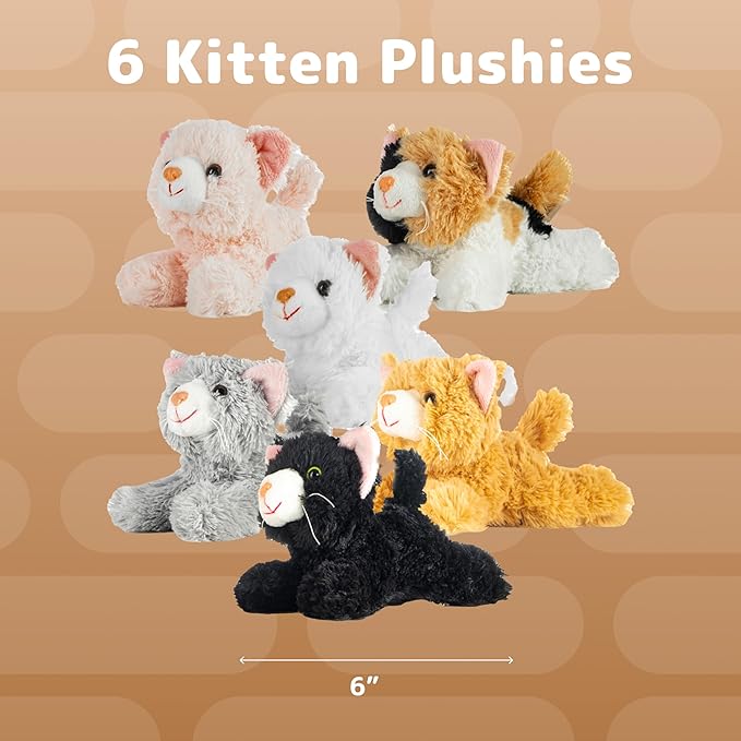 PREXTEX Realistic Looking Small Cat Stuffed Animal - 6 inch Stuffed Kittens with Lifelike Details - Plush Cat Set for Kids, Pet Toys, Home Decor, or Cat Lady Costume - Soft and Huggable - 6 Pack