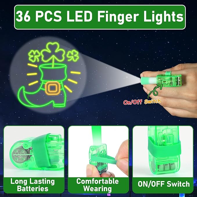 36Pcs St. Patrick's Day LED Finger Lights Shamrock Gold Coin Party Favors Glow in the Dark Light Up Finger Lights Themed Toys Bulk for Birthday Party Goodie Bag Stuffer Birthday Gifts Classroom Prize