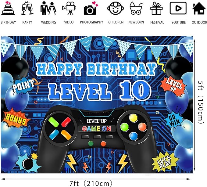 Game Theme Level 10 Birthday Backdrop Video Game Happy 10th Birthday Party Decorations Level Up Theme Boys Kids Birthday Party Supplies(7×5FT)