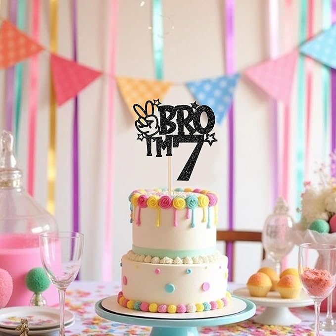 1 PCS Brother I'm 7 Cake Topper Glitter Star Happy 7th Birthday Cake Pick Bro I'm 7 Cake Decoration It's My 7th Birthday Decorations for Boys Cheers to 7 Years Old Birthday Party Supplies Black