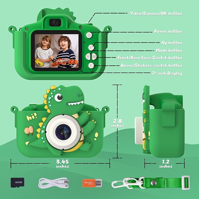 Dinosaur Kids Camera, HD Selfie Toddler Camera, Christmas Birthday Toys for Boys Girls Age 3-12 Years, Kid Digital Camera with 32GB Card, Dinosaur Toys for Kids 3 4 5 6 7 8 Years Old Gifts(Green)