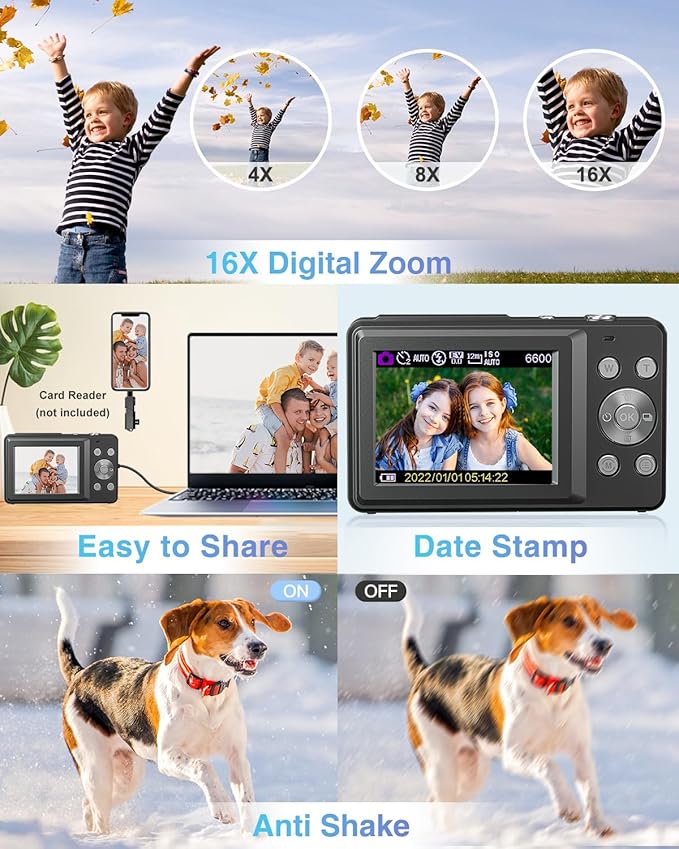 Digital Camera, FHD 1080P Point and Shoot Camera with 16X Zoom Anti Shake, Compact Small Portable for Boy Girls(Deep Black)