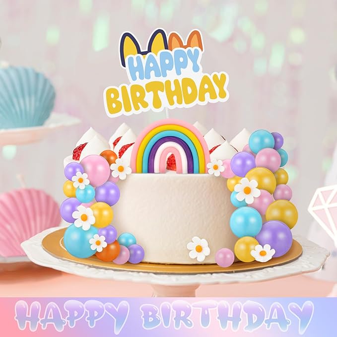 63 Pcs Cake Toppers with Balls Daisy Rainbow Cake Topper, Blue Cake Topper Pastel Cupcake Toppers Cake Decorations for Birthday Wedding Groovy Party Supplies