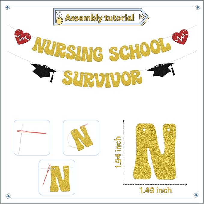 Nursing School Survivor Banner,Class of 2024 Congrats Nurse Party Decorations,Class of 2024 Nursing School Graduation Party Supplies Gold Red Black