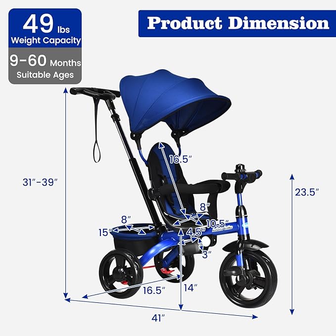INFANS Kids Tricycle, 6 in 1 Stroll Trike with Adjustable Push Handle, Removable Canopy, Retractable Foot Plate, Lockable Pedal, Detachable Guardrail, Suitable for 10 Months to 5 Years (Blue)