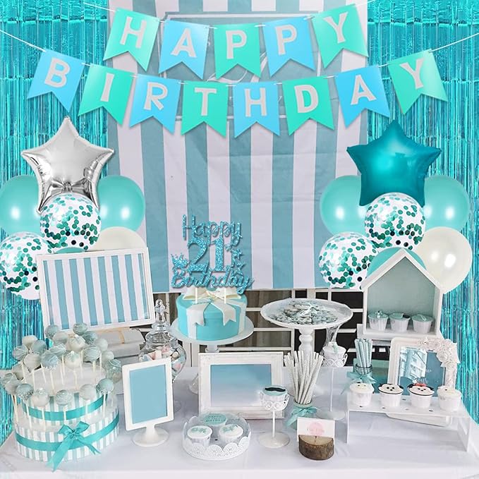 21st Birthday Decorations for Women - Teal Happy Birthday Banner, Cake Topper, Girl Sash, Number 21 Foil Balloon, Finally Legal Themed Twenty One Party Supplies