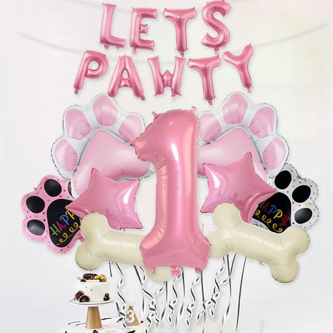 1st Dog Balloons 18pcs Lets Pawty Balloons Dog Paw Decor Pink 32 inch Pink Number Balloons Mylar Foil Balloons for Lets Pawty Birthday Decorations Dog 1st Birthday Party Supplies