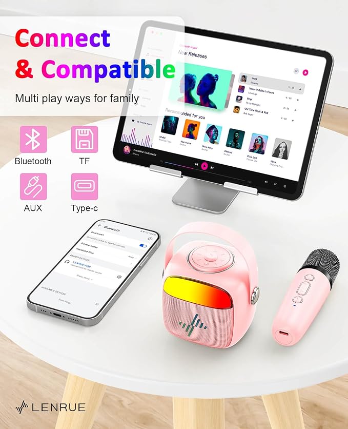 LENRUE Karaoke Machine for Kids, Birthday Gifts for Girls Boys Teens with Wireless Microphone, Colored Lights, Trendy Stuff Gifts for 3, 4, 5, 6, 7, 8, 9, 10 +Year Old