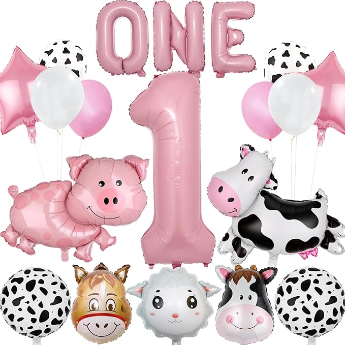 19 PCS Farm Animal Theme Party Balloons Number 1 ONE Letter Banner Balloon Farm Cow Print Sheep Pig Donkey Mylar Foil Balloons Baby Shower Boy Girl 1st Birthday Party Decor Supplies (1st)