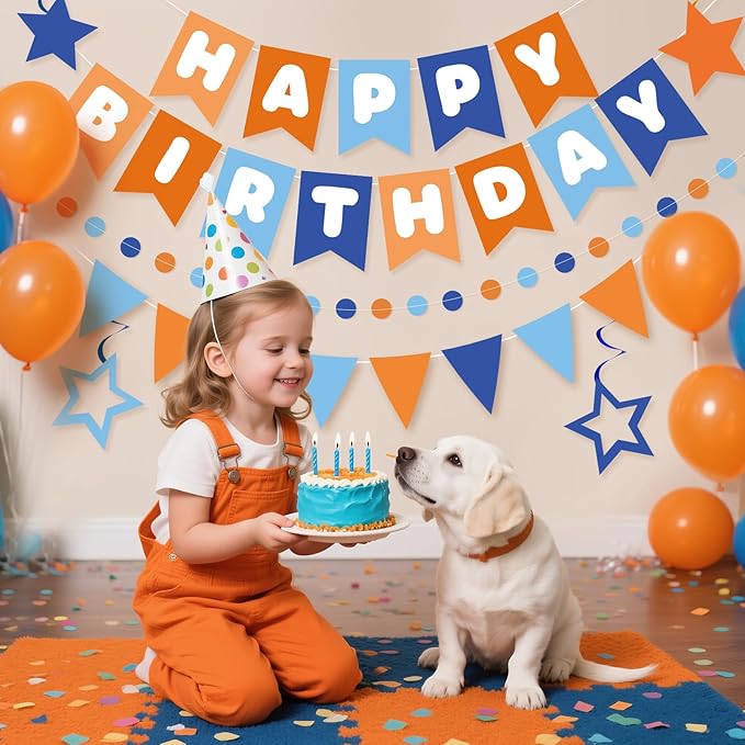 Happy Birthday Decorations for Boys, Blue and Orange Birthday Banner with Honeycomb Balls, Stars Hanging Swirl Streamers, Circle Dots Garland for Birthdays Party Supplies